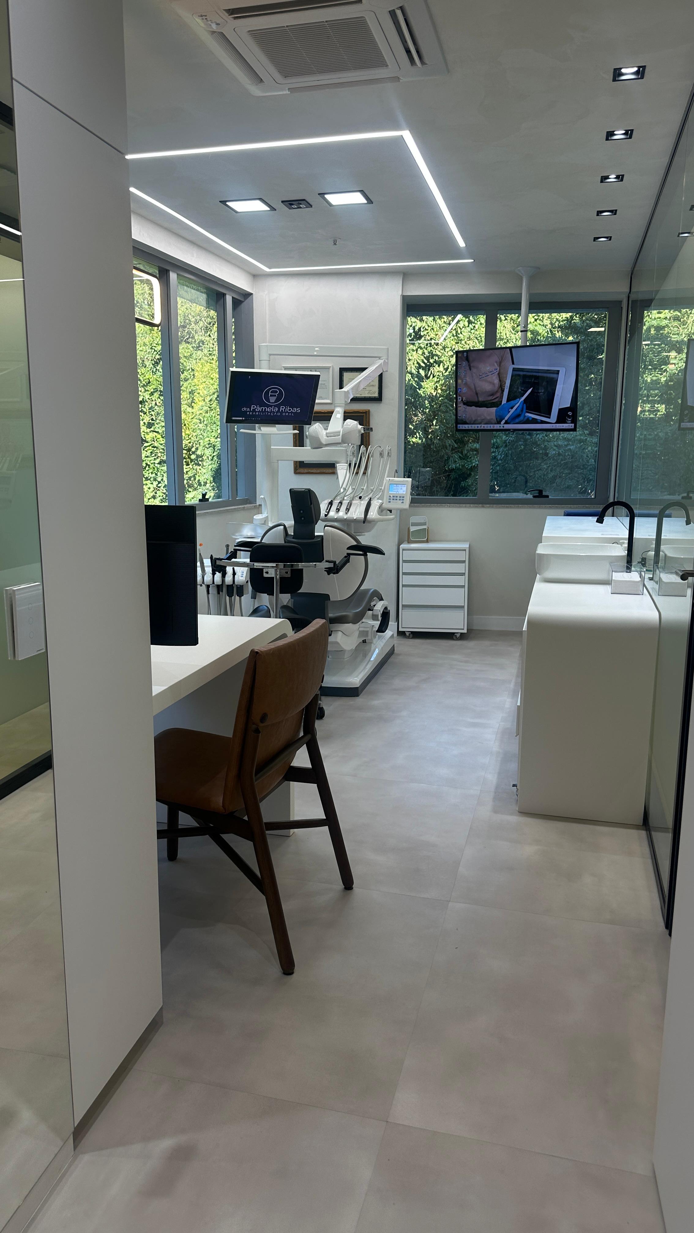 Sala de atendimento do consultório, com equipamentos digitais e janelas voltadas para a vegetação